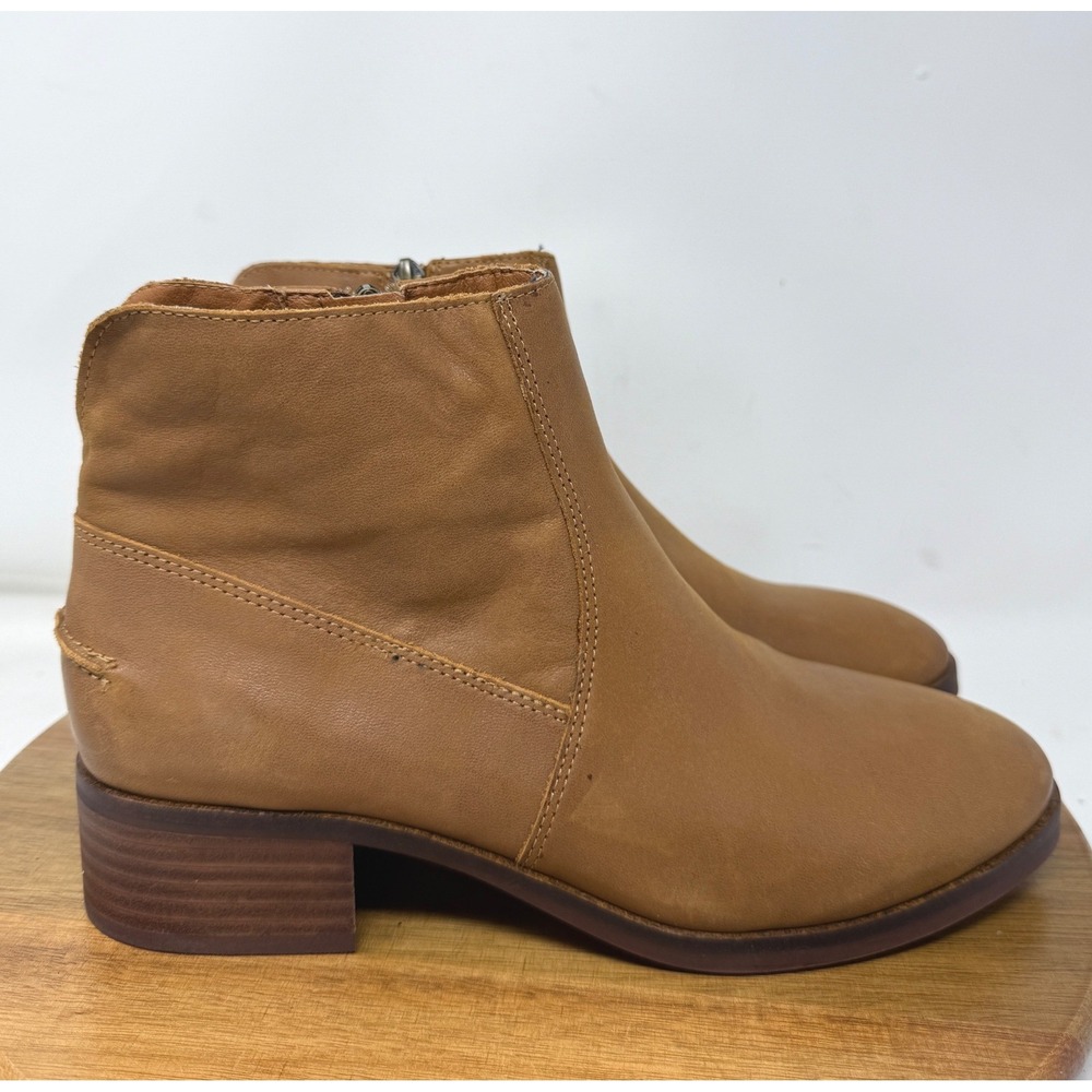 Lucky Brand Basel Tan Brown Leather Ankle Booties Size 9M 40 Side Zip Block Heel